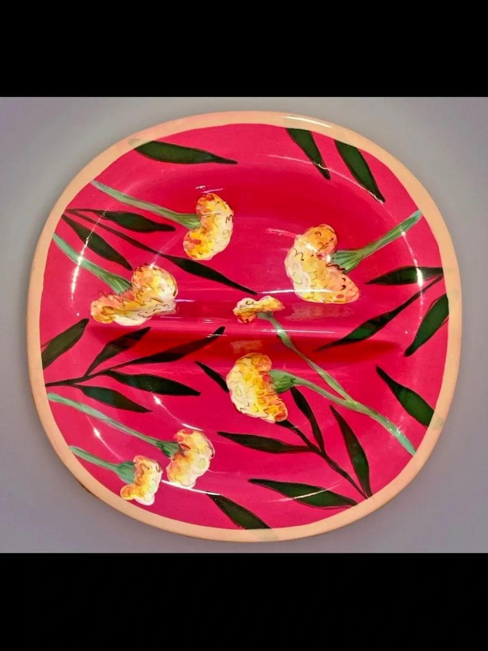 DROLL DESIGNS 10.5” Serving Bowl Divided Platter Marigold Blossoms Red Yellow